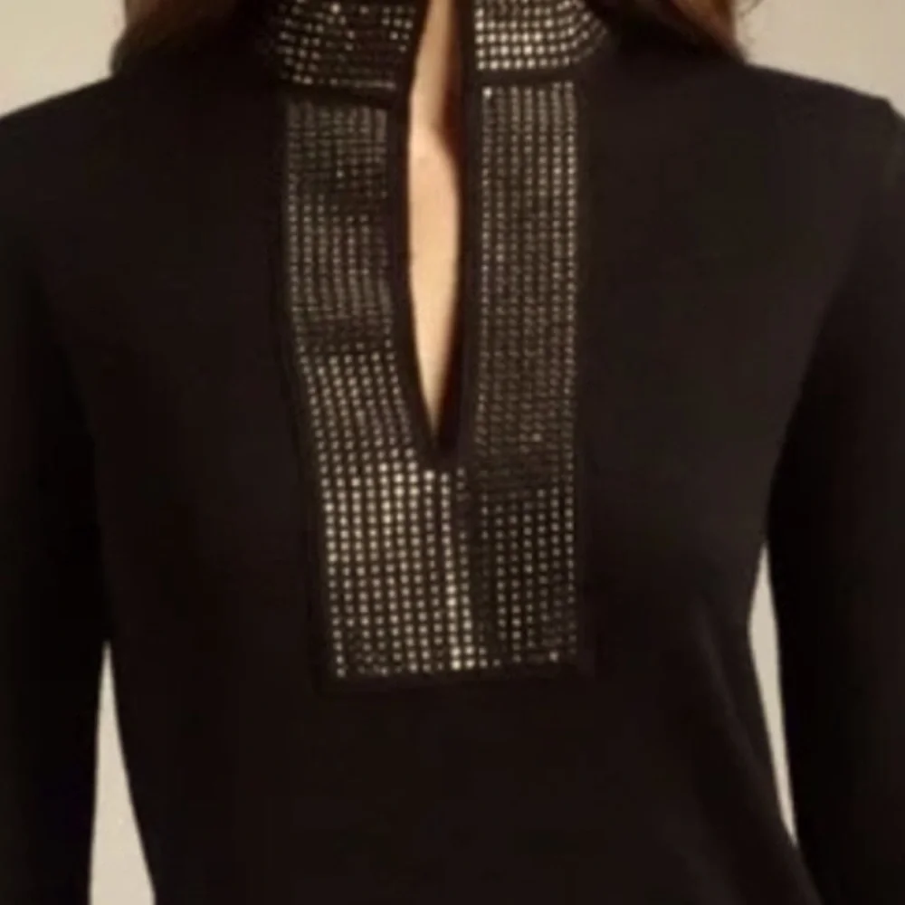 Tory Burch Black Merino Wool Rhinestone Embellished Tunic Sweater
